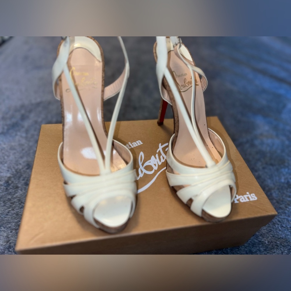 Christian Louboutin Cream Satin Peep-Toe Heels
